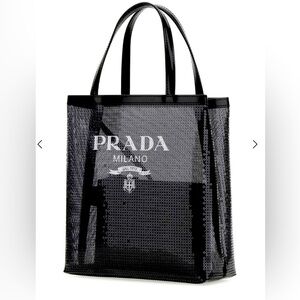 PRADA
Logo Print Sequin Tote Bag in Black